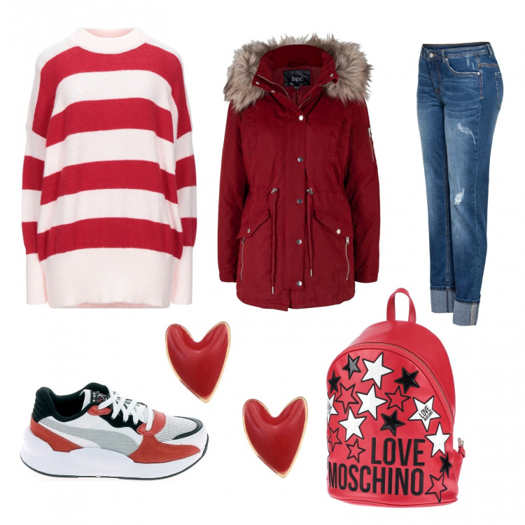 Outfit donna - Urban #292. Stile Urban per Tutti i giorni. Abbinamento con parka, jeans, zaini, orecchini, pullovers, sneakers.