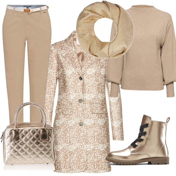 Outfit donna - Il cappottino a fantasia. Stile Urban per Tutti i giorni. Abbinamento con maglieria, cappotti, stivaletti, pantaloni, borse a spalla, sciarpe.