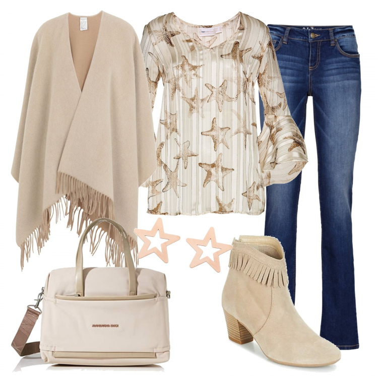 Outfit donna - Stelle sprint. Stile Trendy per Tutti i giorni. Abbinamento con vestiti midi/longuette, jeans dritti, cappe, orecchini, stivaletti, borse a tracolla.