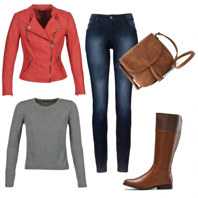 Outfit donna - Emma - giubbotto rosso. Stile Rock per Tutti i giorni. Abbinamento con jeans skinny, stivali, borse a tracolla, blazer, maglioni.