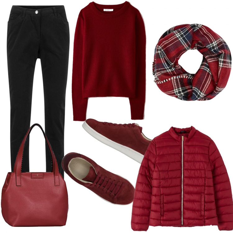 Outfit donna - Sciarpa tartan. Stile Basic per Tutti i giorni. Abbinamento con pantaloni, sneakers, maglieria, cappotti, stole, borse tote.