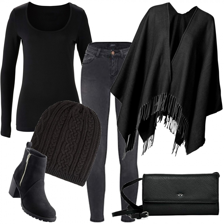 Outfit donna - In nero. Stile Trendy per Tutti i giorni. Abbinamento con t-shirt sportive, stivaletti, cappotti, jeans skinny, borse a tracolla, berretti.