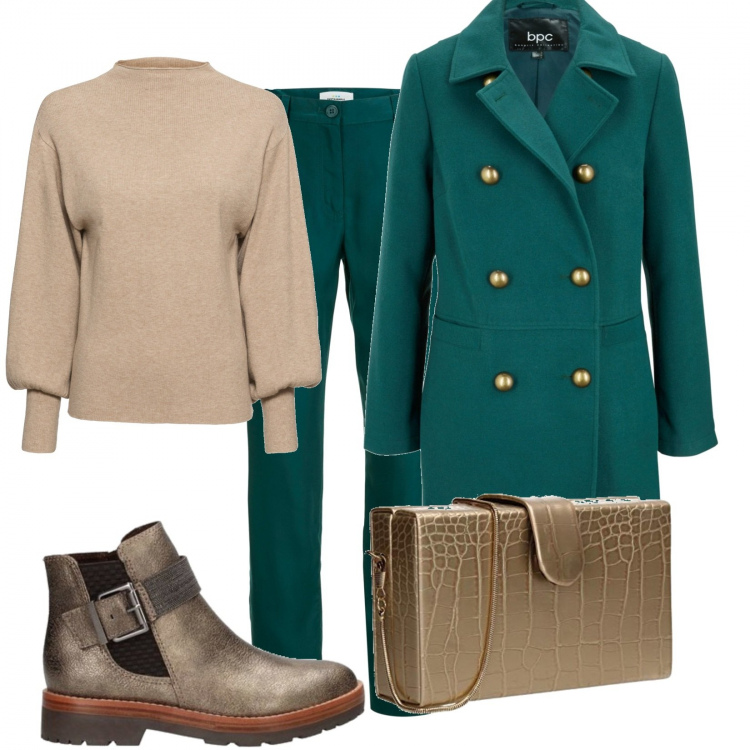 Outfit donna - Doppio petto verde. Stile Basic per Ufficio. Abbinamento con maglieria, cappotti, pantaloni, stivaletti, pochette.