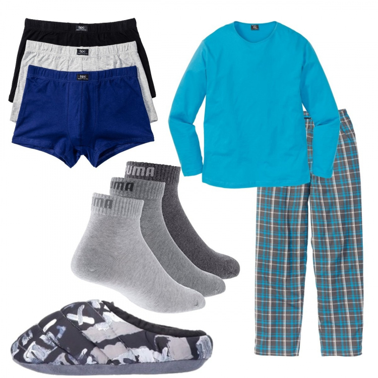 Outfit uomo - Notte low cost. Stile Casual per Tutti i giorni. Abbinamento con boxer, abbigliamento da notte, pantofole, calzini.