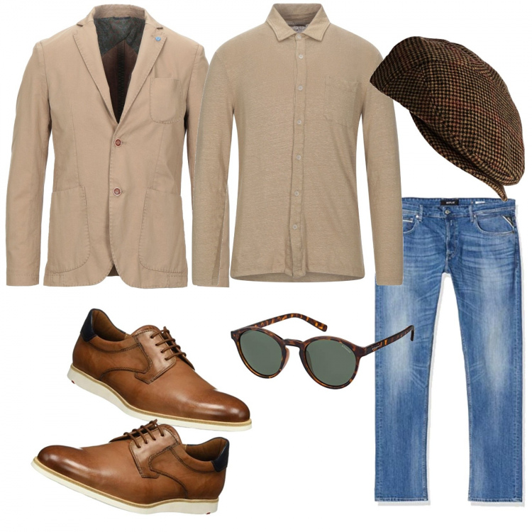 Outfit hombre - Estilo hipster. Estilo Trendy para Todos los días. Combinación con sombreros, zapatos con cordones, gafas de sol, vaqueros rectos, chaquetas, camisas.