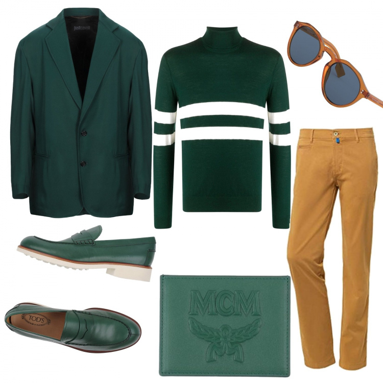 Outfit hombre - Verde botella y mostaza. Estilo Trendy para Todos los días. Combinación con pantalones, zapatos con cordones, jerséis, gafas de sol, chaquetas, carteras.
