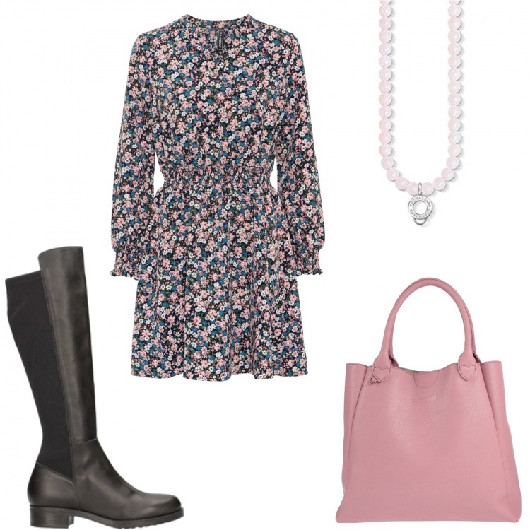 Outfit donna - Abito floreale. Stile Trendy per Tutti i giorni. Abbinamento con borse a mano, vestiti, stivali, ciondoli.