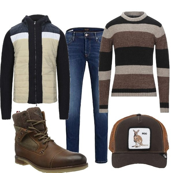 Outfit uomo - Passeggiata al parco. Stile Casual per Tutti i giorni. Abbinamento con pullovers, piumini, jeans, cappelli, stivali.