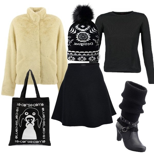 Outfit donna - Bianco e nero con minigonna. Stile Trendy per Tutti i giorni. Abbinamento con stivali, cappotti, maglioni, borse tote, minigonne, cappelli.