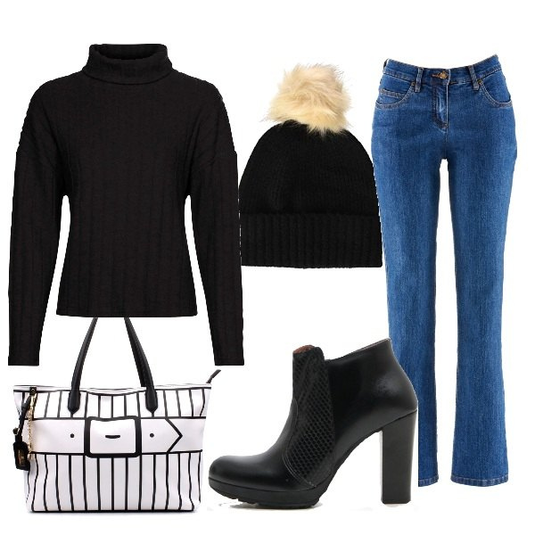 Outfit donna - La borsa bianca a righe. Stile Basic per Tutti i giorni. Abbinamento con jeans dritti, slip, shopping bag, stivaletti, berretti.