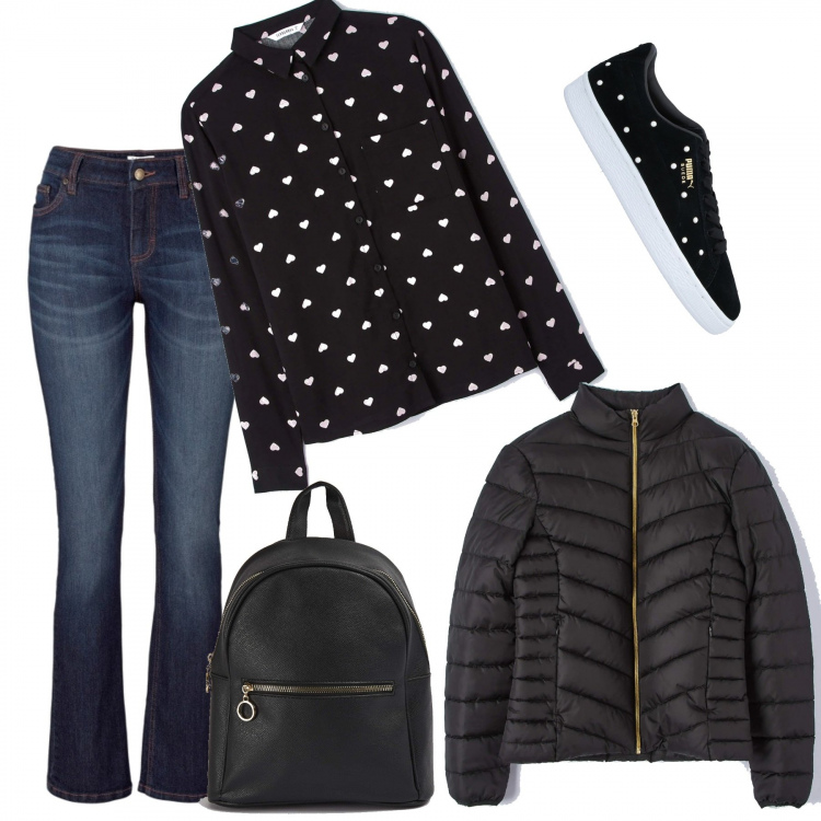 Outfit donna - La camicia con i cuori. Stile Urban per Tutti i giorni. Abbinamento con jeans bootcut, sneakers, camicie, zaini, cappotti.