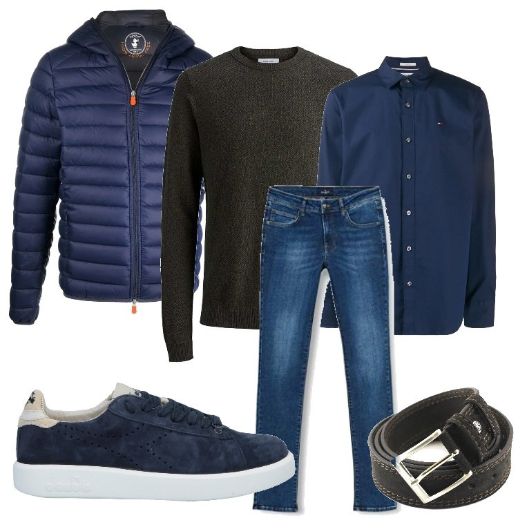 Outfit uomo - Grigio e blu. Stile Casual per Tutti i giorni. Abbinamento con cinture, maglioni, piumini, camicie, sneakers, jeans dritti.