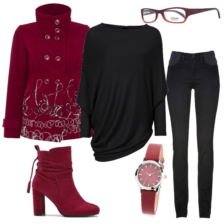 Outfit donna - Ora usciamo. Stile Trendy per Tutti i giorni. Abbinamento con maglieria, jeans skinny, caban, stivaletti, orologi, occhiali.