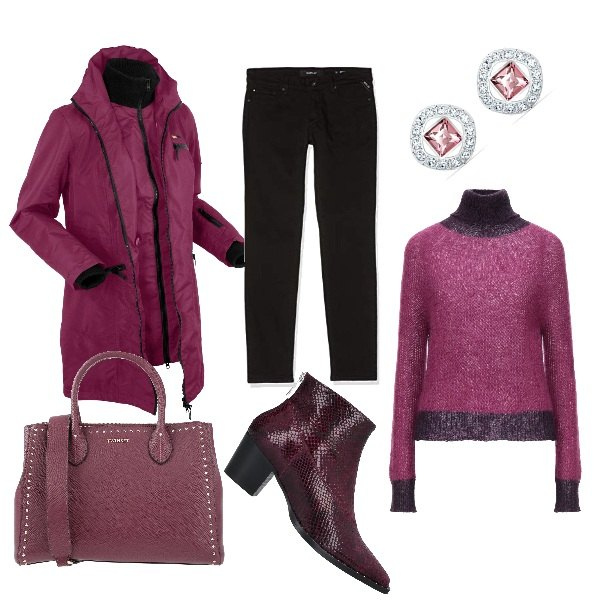 Outfit donna - Total look #869053. Abbinamento con blazer, pullovers, stivaletti, borse a mano, orecchini, jeans.