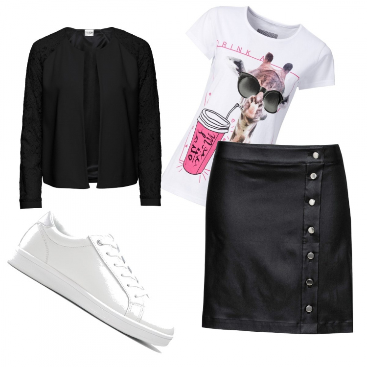 Outfit donna - Look per un pranzo speciale. Stile Basic Abbinamento con blazer, sneakers, gonne, t-shirt.