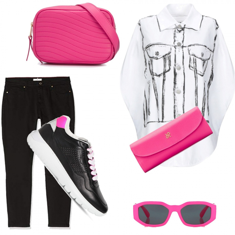 Outfit donna - 50 anni e non sentirli. Stile Basic per Tutti i giorni. Abbinamento con camicie a manica corta, marsupi, orologi, sneakers, occhiali da sole, jeans skinny.