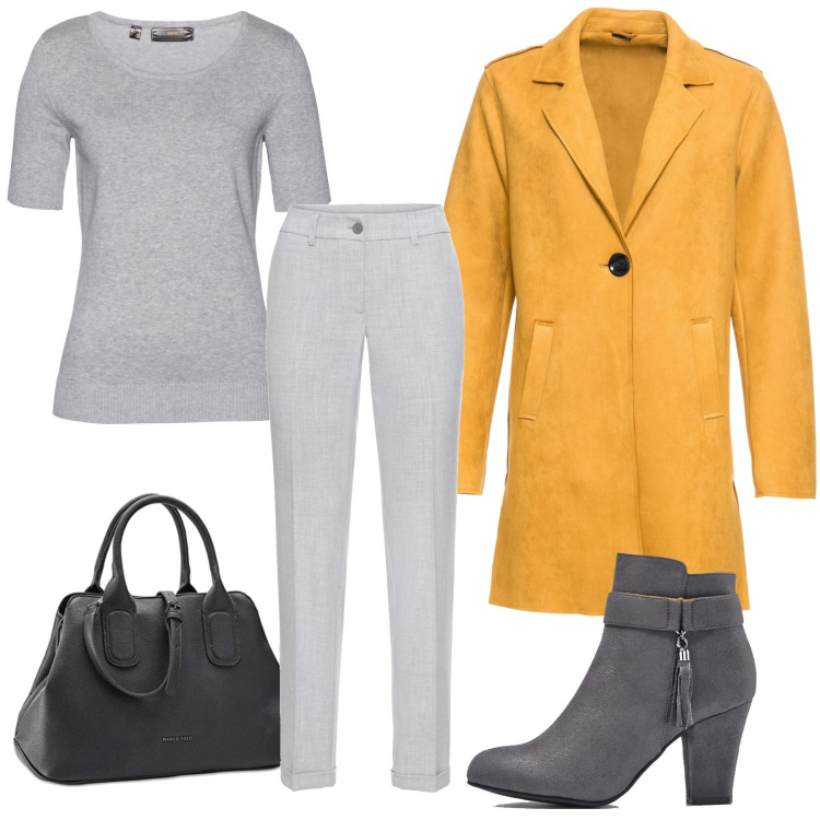 Outfit donna - Curvy nei colori piantone 2021. Stile Basic per Ufficio. Abbinamento con cardigans, stivaletti, cappotti, pantaloni, borse a mano.