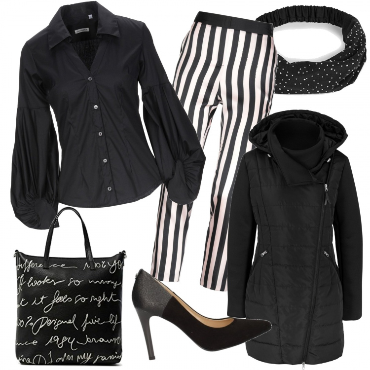 Outfit donna - Il pantalone a strisce. Stile Trendy per Tutti i giorni. Abbinamento con blazer, camicie, pantaloni, décolleté, fasce per capelli, shopping bag.
