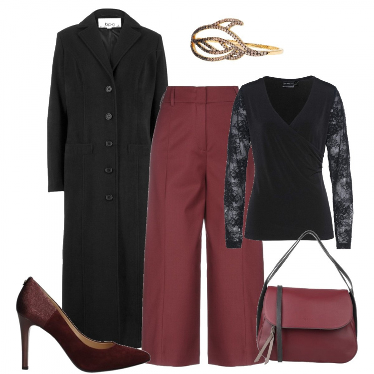 Outfit donna - Chic #428. Stile Chic per Ufficio. Abbinamento con cappotti, pullovers, borse a mano, pantaloni, anelli, décolleté.