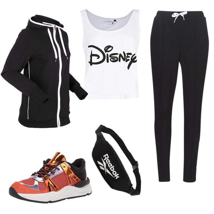 Outfit donna - Camminata a passo svelto. Stile Basic per Sport. Abbinamento con felpe, pantaloni, canottiere, sneakers, marsupi.