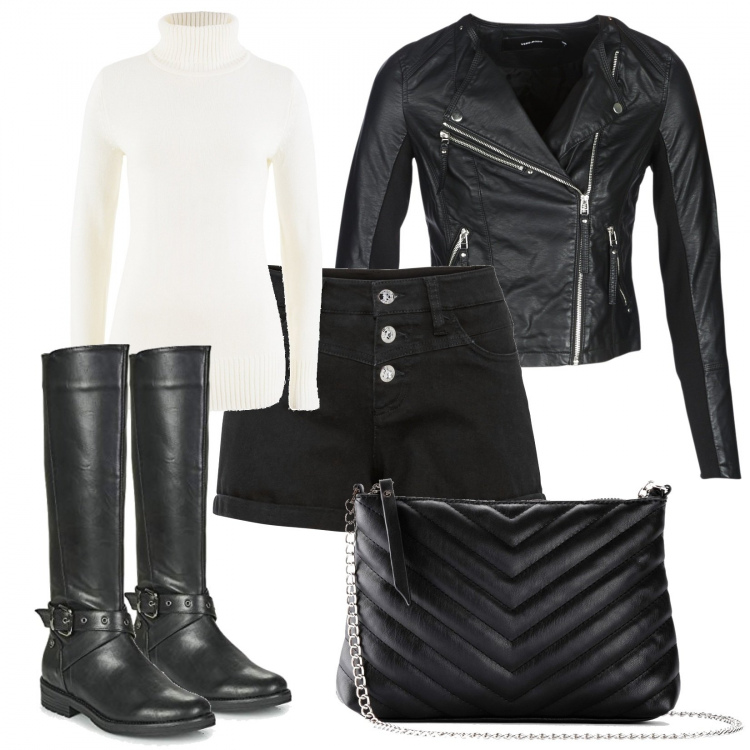 Outfit donna - Shorts anche d\'inverno. Stile Trendy per Tutti i giorni. Abbinamento con maglieria, top, borse a tracolla, giacche, stivali.