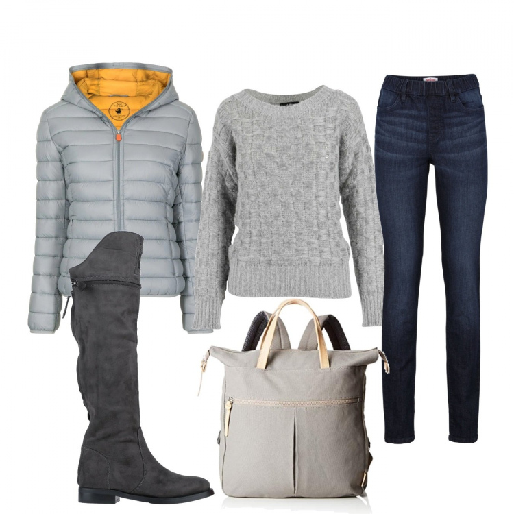 Outfit donna - Basic #583. Stile Basic per Scuola/Università. Abbinamento con jeggings, stivali, blazer, pullovers, zaini.