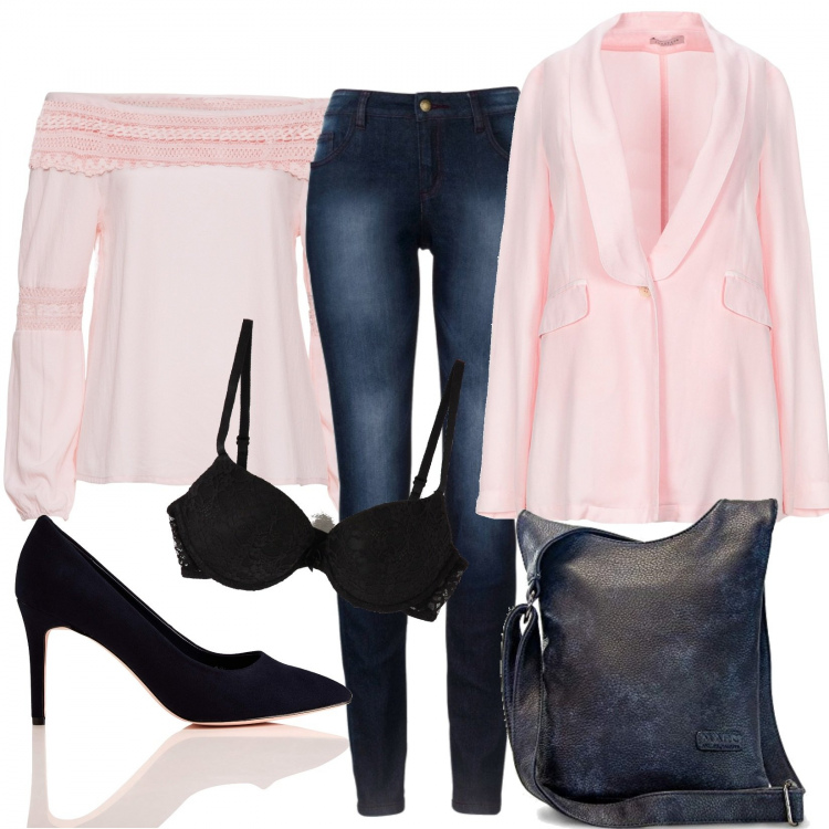 Outfit donna - In rosa con la giacca e i jeans. Stile Chic per Tutti i giorni. Abbinamento con jeans skinny, shorts, blazer, reggiseni, borse a mano, scarpe col tacco.