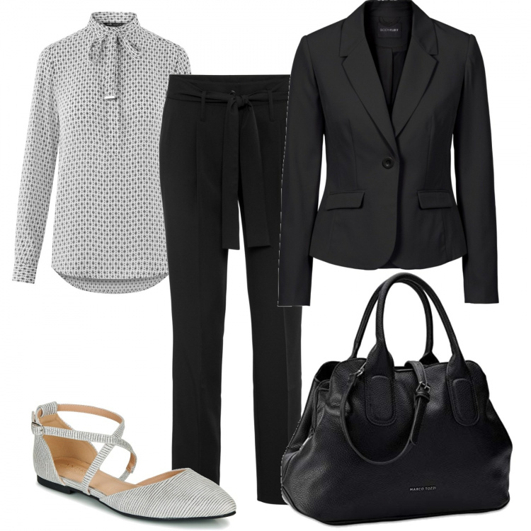 Outfit donna - Camicia e pantaloni con i fiocchi. Stile Bon Ton per Ufficio. Abbinamento con blazer, pantaloni, ballerine, camicie, borse a mano.