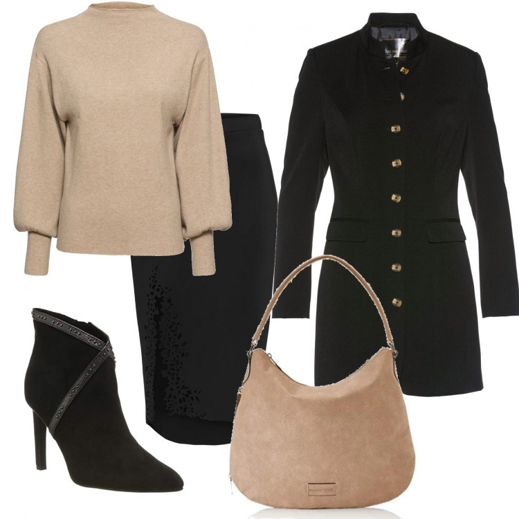 Outfit donna - Il tubino con lo spacco traforato. Stile Chic per Ufficio. Abbinamento con maglieria, gonne, blazer, stivaletti, borse a tracolla.