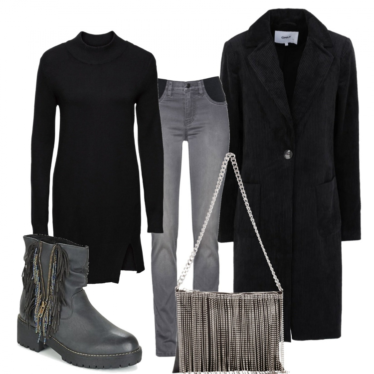 Outfit donna - Frange e perline. Stile Trendy per Tutti i giorni. Abbinamento con jeans, maglioni, borse a mano, cappotti, stivaletti.