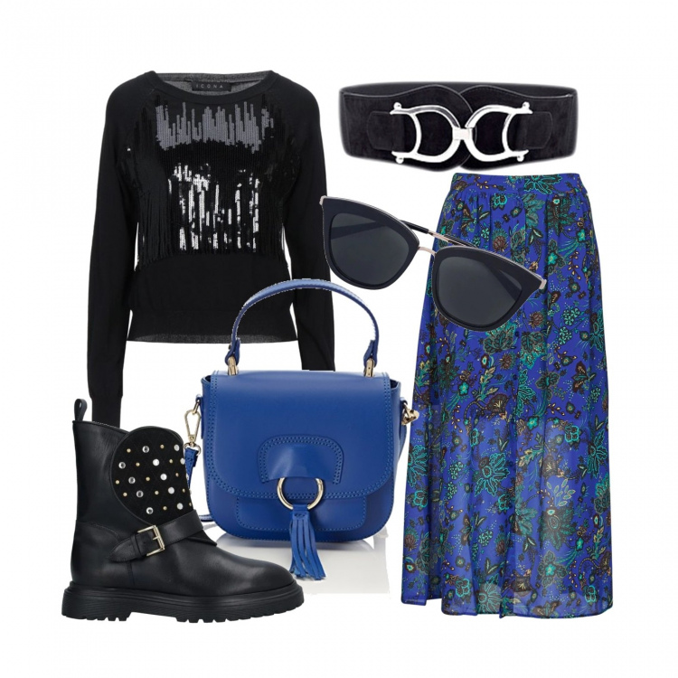 Outfit donna - Blue rock. Stile Rock per Tutti i giorni. Abbinamento con cinture, pullovers, stivaletti, minigonne, occhiali da sole, borse a mano.