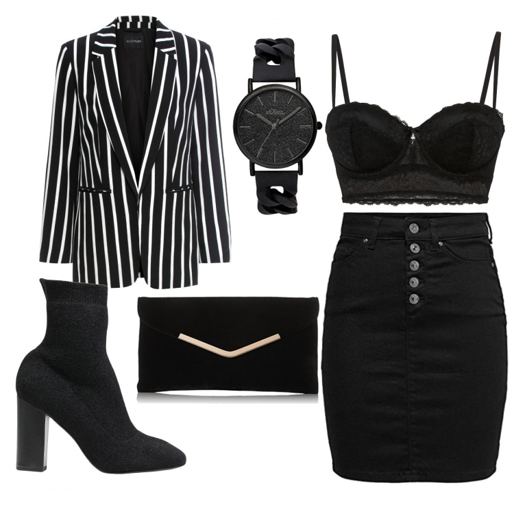 Outfit donna - Total look #870495. Abbinamento con blazer, reggiseni a balconcino, stivaletti, gonne, orologi, pochette.