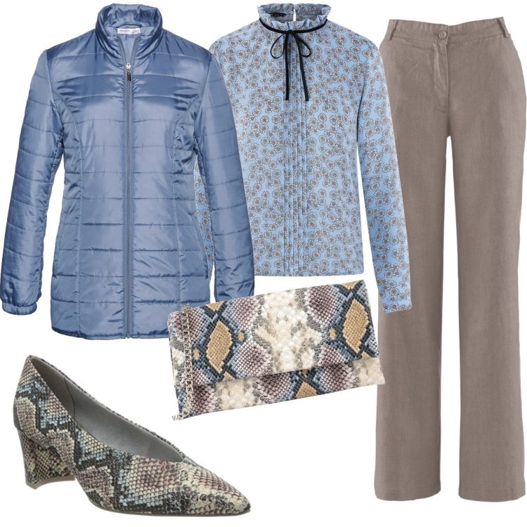 Outfit donna - Facciamo un giro in centro. Stile Trendy per Tutti i giorni. Abbinamento con pantaloni, giacche, borse a mano, camicie, scarpe col tacco.