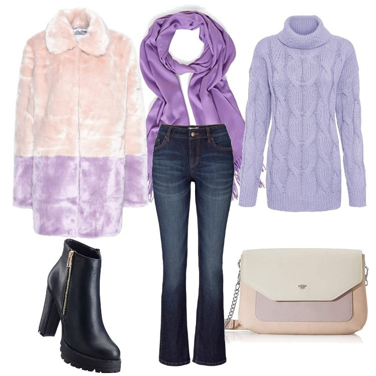 Outfit donna - La pelliccia bicolor. Stile Trendy per Ufficio. Abbinamento con jeans bootcut, maglioni, stivaletti, ecopellicce, borse a tracolla, sciarpe.