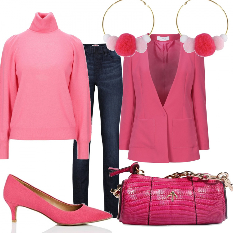 Outfit donna - I\'m a Barbie girl in a Barbie world. Stile Trendy per Tutti i giorni. Abbinamento con jeggings, maglieria, blazer, orecchini, scarpe col tacco, borse a spalla.