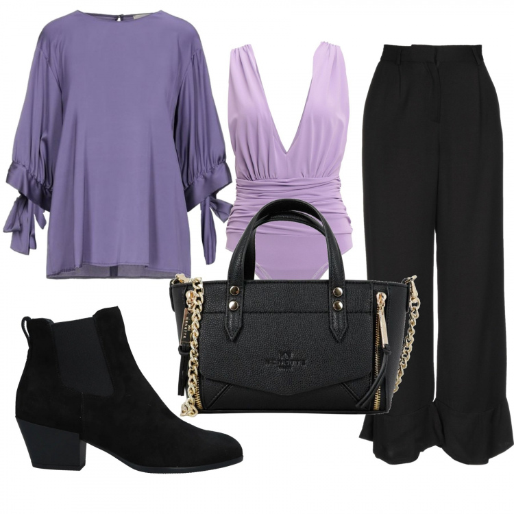 Outfit donna - Bella in viola. Stile Bon Ton per Tutti i giorni. Abbinamento con stivaletti chelsea, top, bluse, pantaloni, borse tote.
