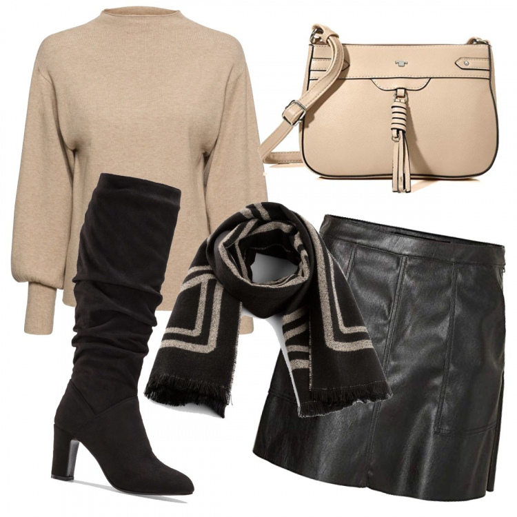 Outfit donna - Gonna similpelle e stivali neri. Stile Urban per Tutti i giorni. Abbinamento con maglieria, stivali sopra il ginocchio, sciarpe, minigonne, borse a tracolla.