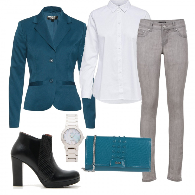 Outfit donna - Ottani mom amour. Stile Urban per Ufficio. look ideale per Tall. Abbinamento con jeans skinny, blazer, borse a mano, camicie, stivaletti, orologi analogici.
