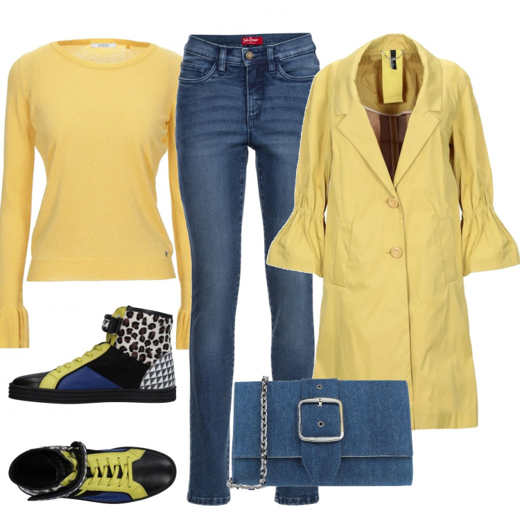 Outfit donna - Gialloblu. Stile Basic per Tutti i giorni. Abbinamento con jeans slim fit, cappotti, sneakers alte, pullovers, borse a mano.