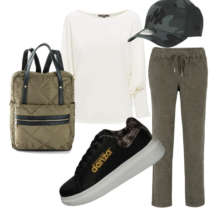 Outfit donna - Free time. Stile Urban per Sport. Abbinamento con pantaloni, zaini, sneakers, cappelli con visiera, pullovers.