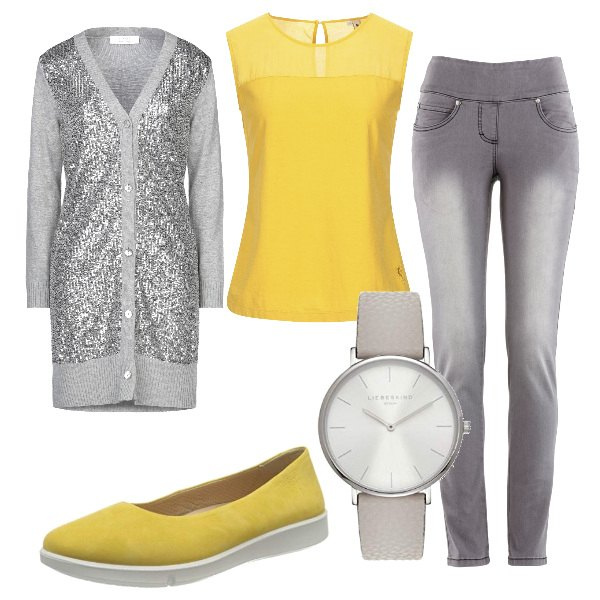 Outfit donna - Smartworking homewear. Stile Basic per Ufficio. Abbinamento con jeans slim fit, cardigans, t-shirt, orologi, ballerine.