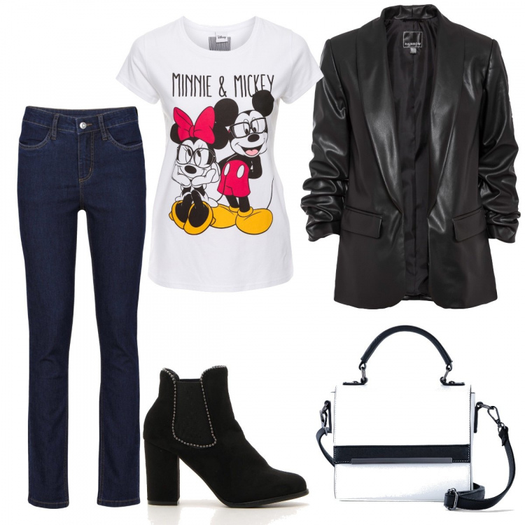 Outfit donna - Denim e pelle. Stile Urban per Tutti i giorni. Abbinamento con jeans, blazer, t-shirt, borse a mano, stivaletti chelsea.