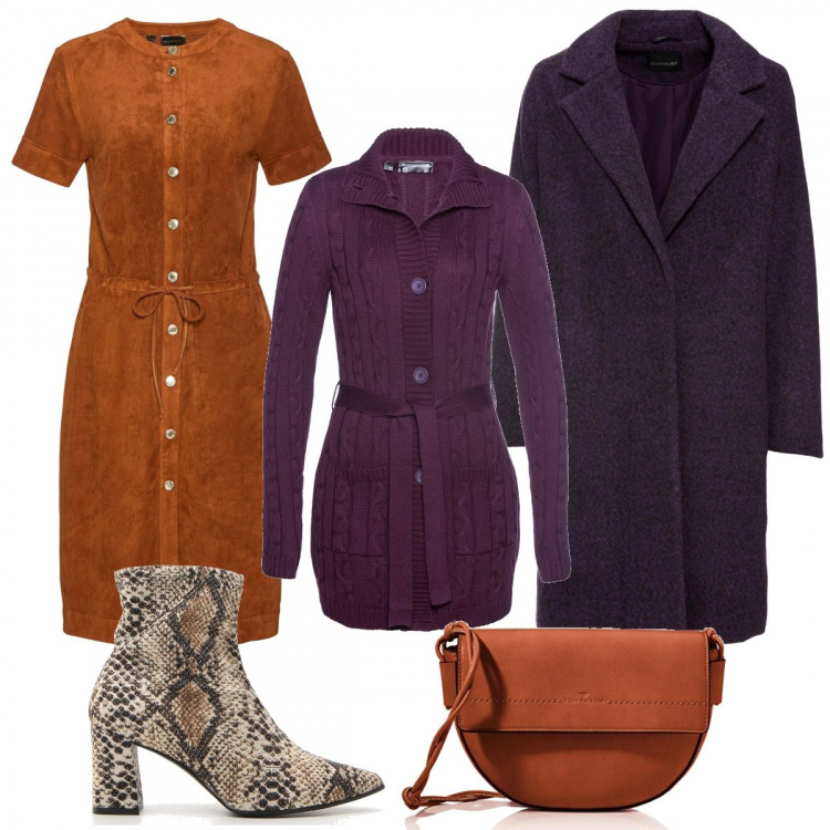 Outfit donna - Trendy #1809. Stile Trendy per Tutti i giorni. Abbinamento con t-shirt, cappotti, vestiti, borse a spalla, stivaletti.