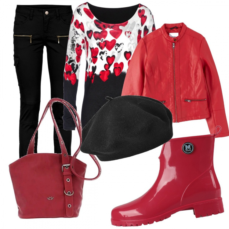Outfit donna - Con la pioggia. Stile Trendy per Tutti i giorni. Abbinamento con pantaloni cargo, maglieria, stivali di gomma, cappotti, borse a tracolla, berretti.