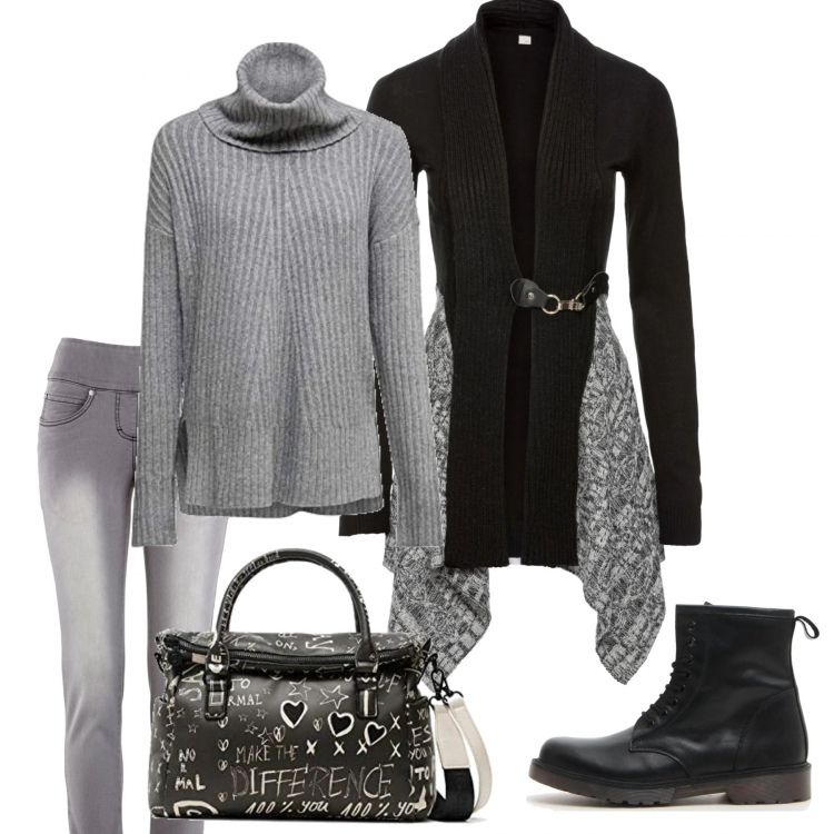 Outfit donna - Semplice giornaliero. Stile Basic per Tutti i giorni. Abbinamento con jeans slim fit, cardigans, maglioni, borse a mano, stivaletti.