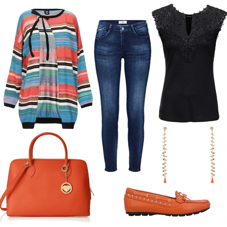 Outfit donna - Basic #974. Stile Basic per Tutti i giorni. Abbinamento con top, cardigans, orecchini, mocassini, borse a mano, jeans skinny.