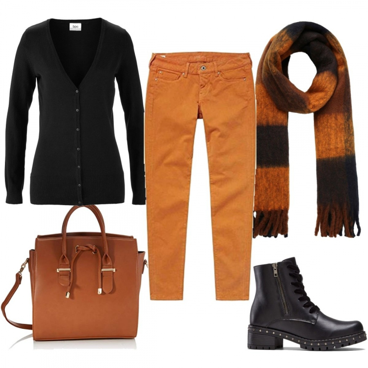 Outfit donna - Un po\' di arancione. Stile Basic per Tutti i giorni. Abbinamento con cardigans, stivaletti, sciarpe, jeans, shopping bag.
