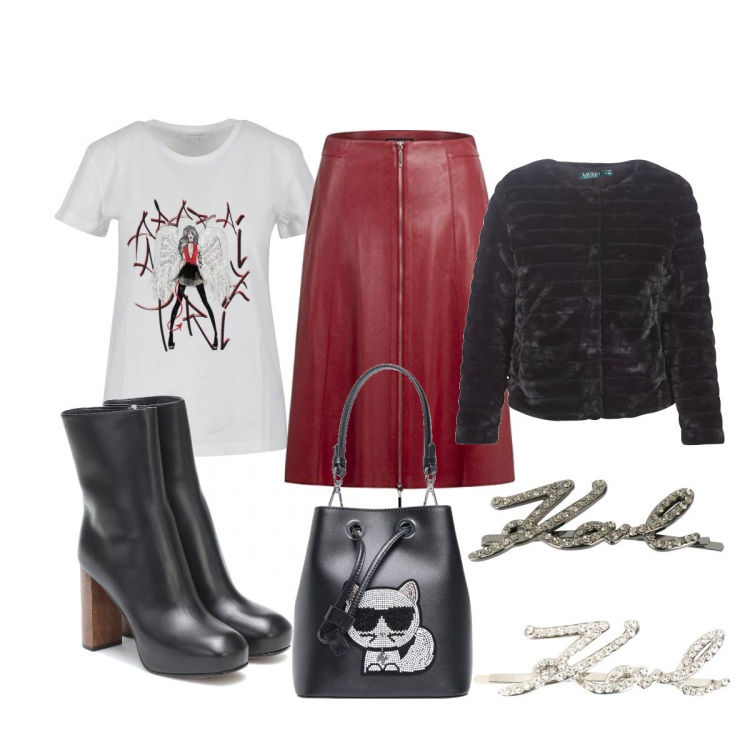 Outfit donna - Karl️. Stile Trendy per Serata fuori. look ideale per Petite. Abbinamento con cappotti, accessori per capelli, borse a mano, gonne, stivaletti, t-shirt.