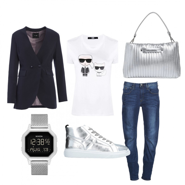 Outfit donna - Time to shine!. Stile Basic per Scuola/Università. Abbinamento con blazer, jeans boyfriend, t-shirt, sneakers, borse a mano, orologi digitali.