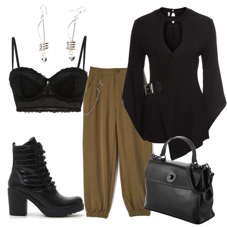 Outfit donna - Rock. Stile Rock per Serata fuori. look ideale per Tall. Abbinamento con reggiseni a balconcino, pullovers, pantaloni, orecchini, borse a mano, anfibi.